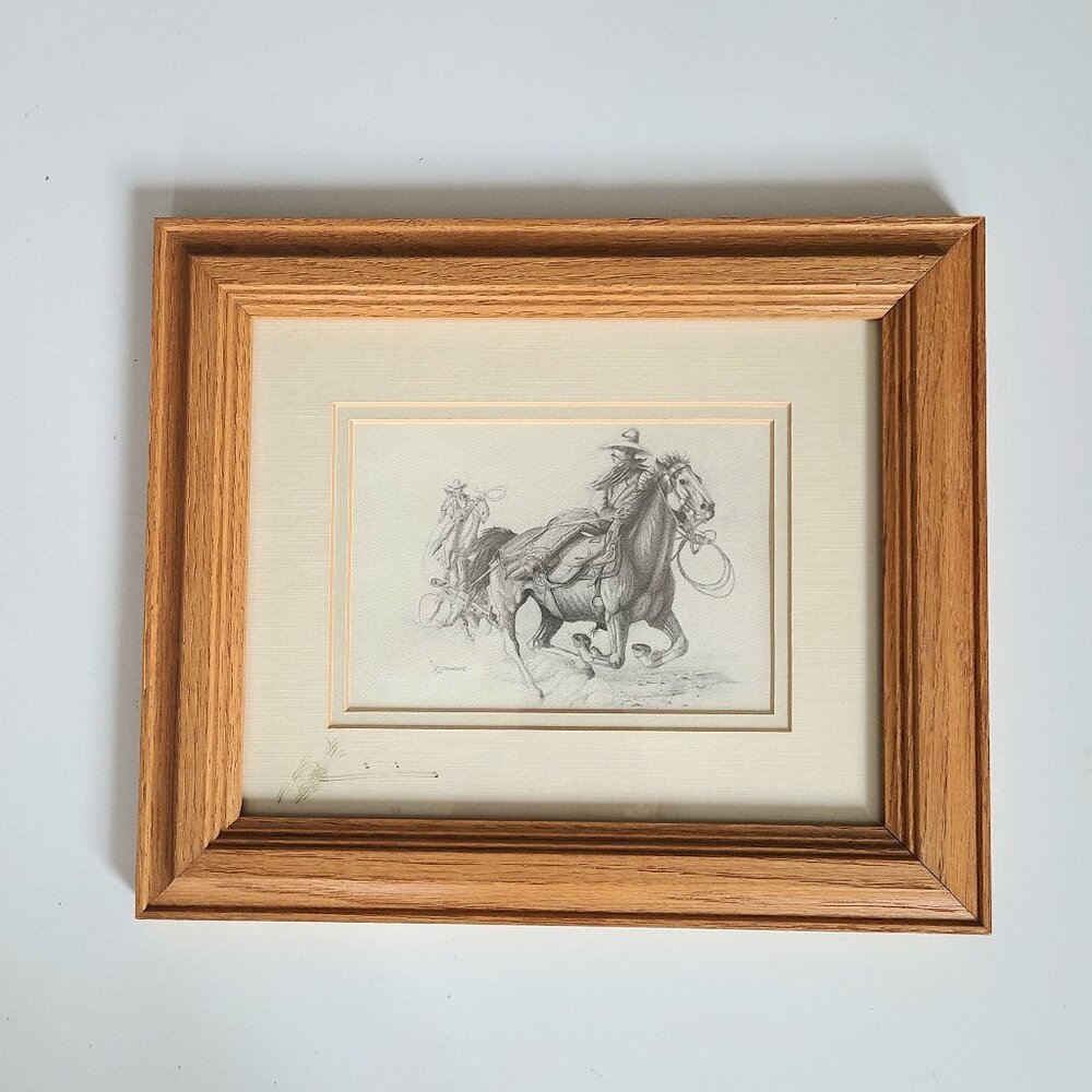 Framed art work signed by R. Dinwoodie. Western. Horse riding. Cowboy.